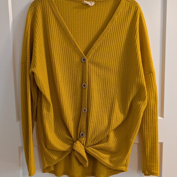 Bibi Yellow Waffle Knit Tie-Front Slouchy Long Sleeve Top - Picture 1 of 6